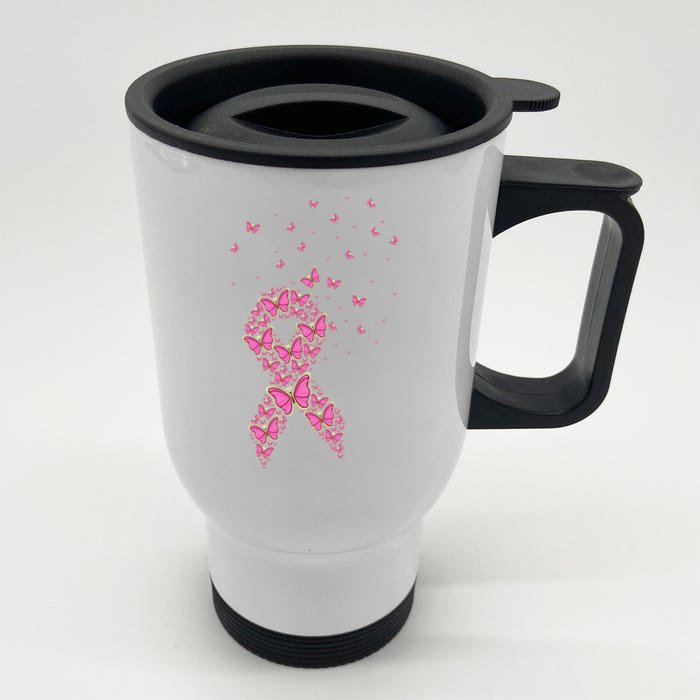 Breast Cancer Awareness Pink Butterfly Ribbon Front & Back Stainless Steel Travel Mug