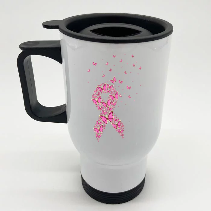 Breast Cancer Awareness Pink Butterfly Ribbon Front & Back Stainless Steel Travel Mug