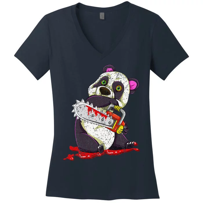 Bloody Chainsaw Animal Spooky Halloween Gift Idea Panda Women's V-Neck T-Shirt