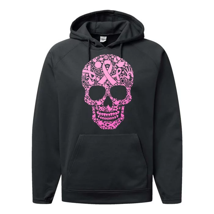 Breast Cancer Awareness Month Pink Ribbon Skull Performance Fleece Hoodie