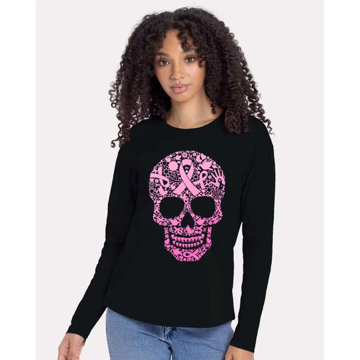 Breast Cancer Awareness Month Pink Ribbon Skull Womens Cotton Relaxed Long Sleeve T-Shirt