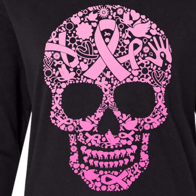 Breast Cancer Awareness Month Pink Ribbon Skull Womens Cotton Relaxed Long Sleeve T-Shirt