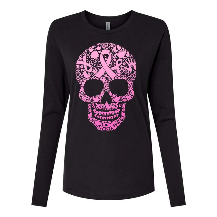 Breast Cancer Awareness Month Pink Ribbon Skull Womens Cotton Relaxed Long Sleeve T-Shirt