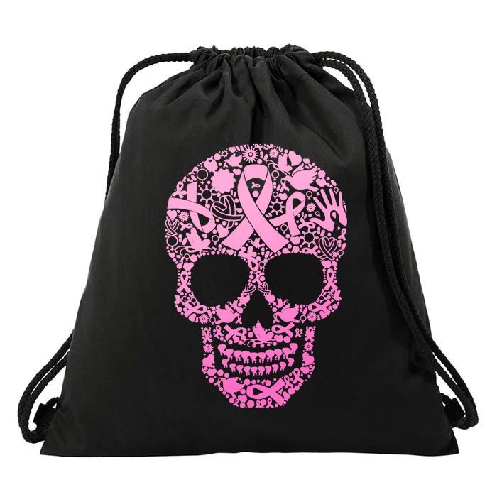 Breast Cancer Awareness Month Pink Ribbon Skull Drawstring Bag