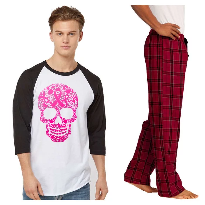 Breast Cancer Awareness Month Pink Ribbon Skull Raglan Sleeve Pajama Set