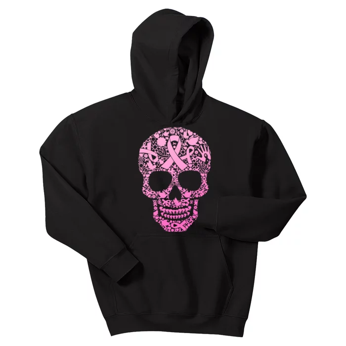 Breast Cancer Awareness Month Pink Ribbon Skull Kids Hoodie