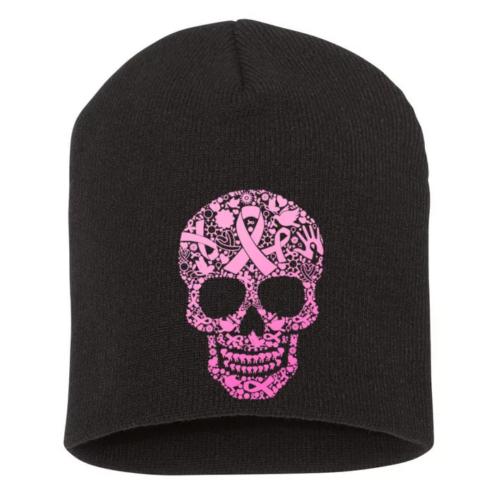 Breast Cancer Awareness Month Pink Ribbon Skull Short Acrylic Beanie