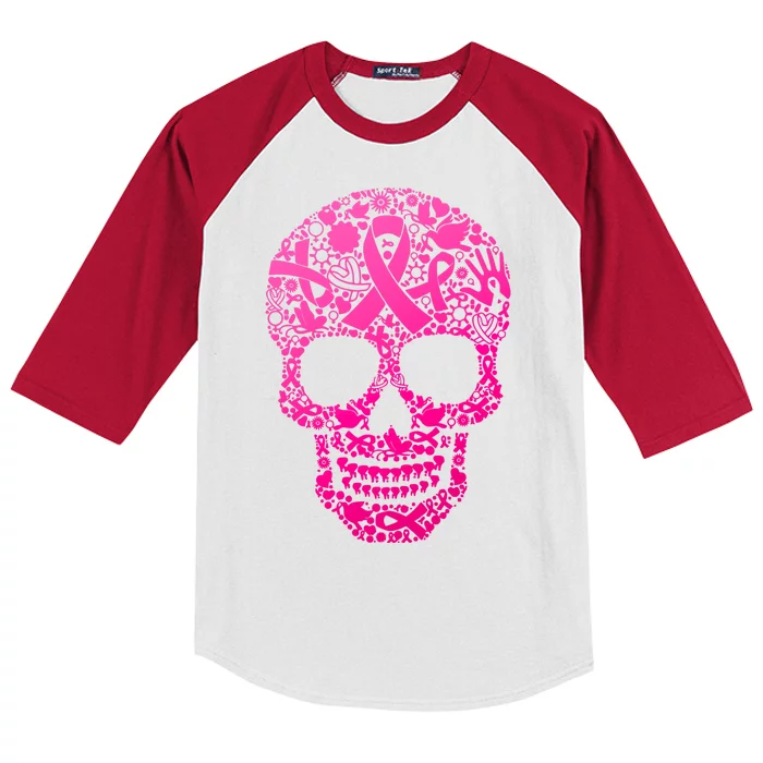 Breast Cancer Awareness Month Pink Ribbon Skull Kids Colorblock Raglan Jersey