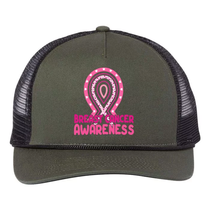 Breast Cancer Awareness Ribbon Heart Retro Rope Trucker Hat Cap