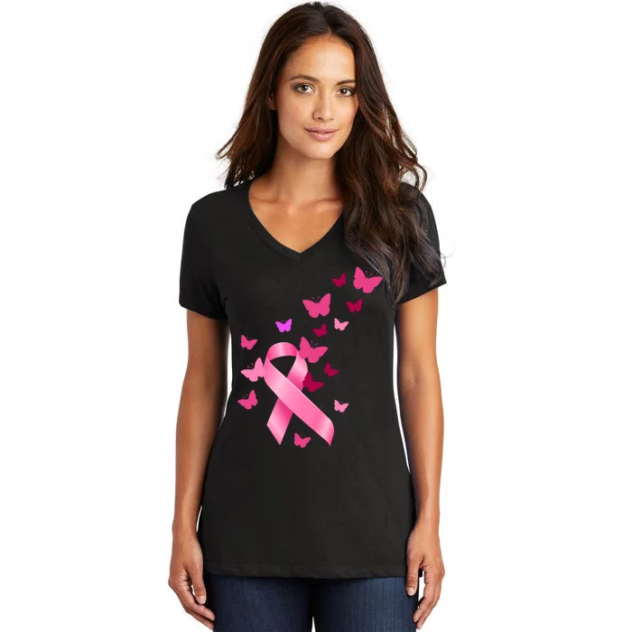 Breast Cancer Awareness Butterflies Logo Women's V-Neck T-Shirt