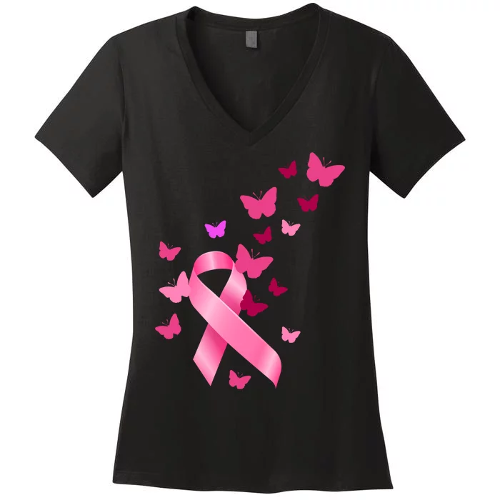 Breast Cancer Awareness Butterflies Logo Women's V-Neck T-Shirt