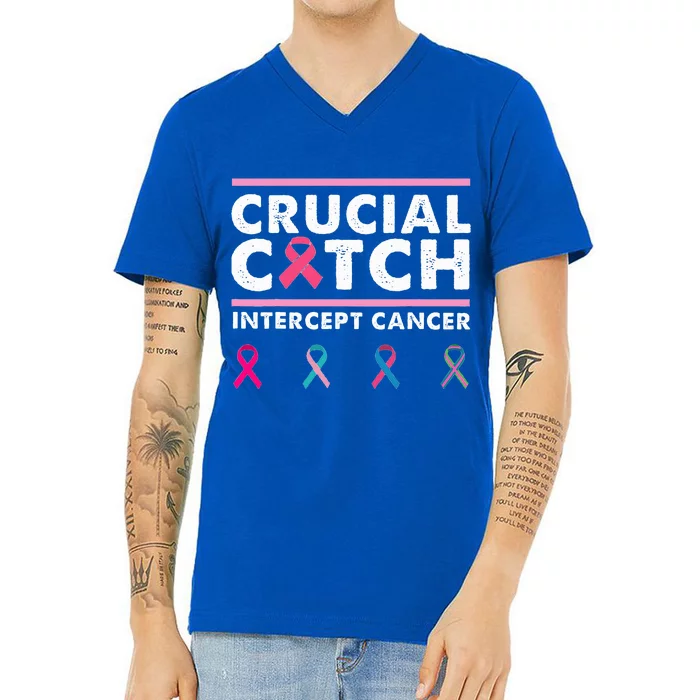 Breast Cancer Awareness Crucial A Catch Intercept Cancer V-Neck T-Shirt