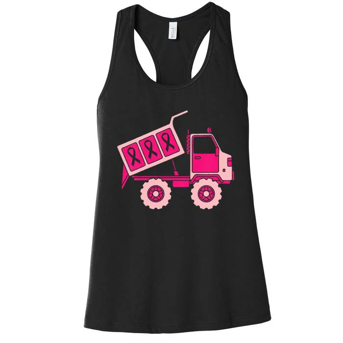 Breast Cancer Awareness with a Pink Ribbon Dump Truck Women's Racerback Tank