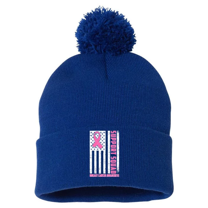 Breast Cancer Awareness Support Squad Distressed USA Flag Pom Pom 12in Knit Beanie