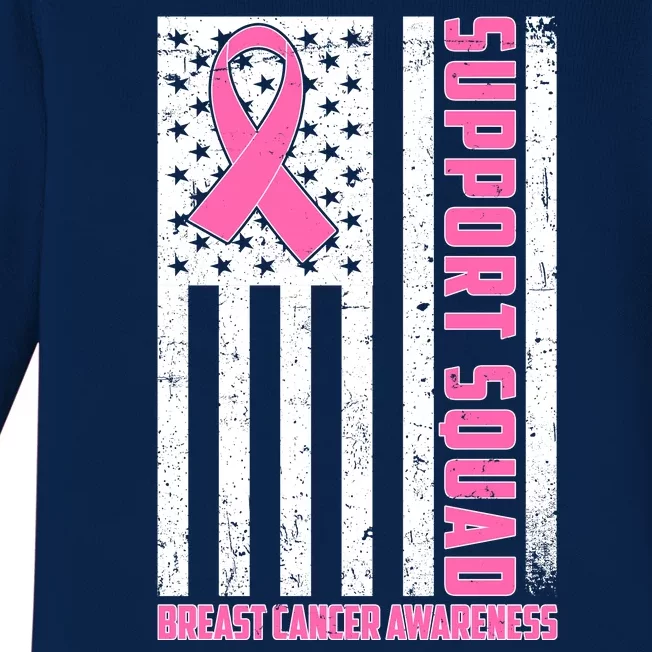 Breast Cancer Awareness Support Squad Distressed USA Flag Baby Long Sleeve Bodysuit