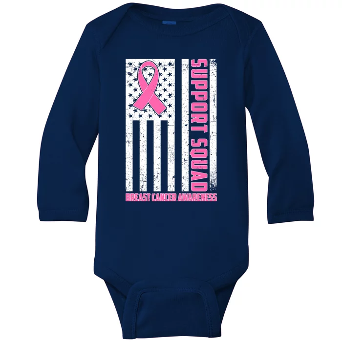 Breast Cancer Awareness Support Squad Distressed USA Flag Baby Long Sleeve Bodysuit