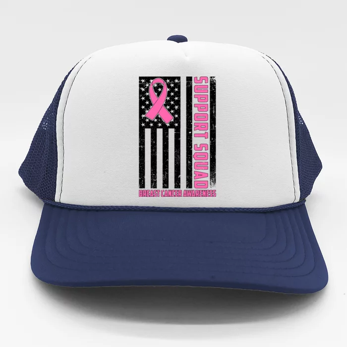 Breast Cancer Awareness Support Squad Distressed USA Flag Trucker Hat