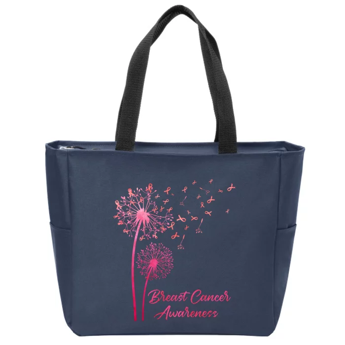 Breast Cancer Awareness Dandelion Pink Ribbon Zip Tote Bag