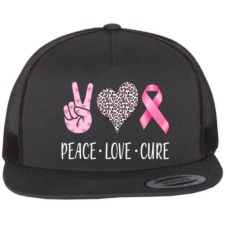 Breast Cancer Awareness Peace Love Cure Flat Bill Trucker Hat