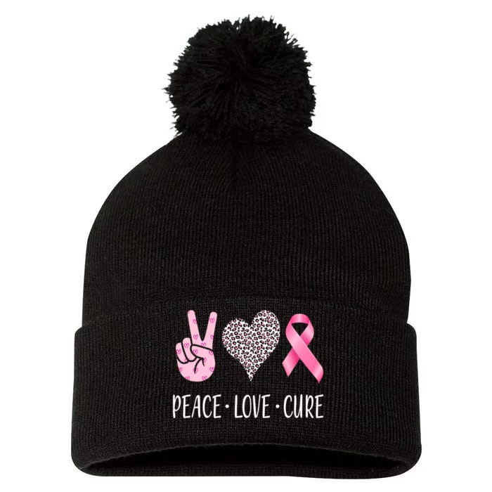 Breast Cancer Awareness Peace Love Cure Pom Pom 12in Knit Beanie