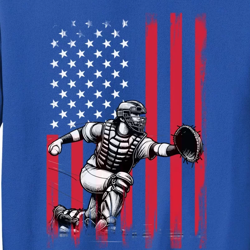 Baseball Catcher American Flag Usa Patriotic 4th Of July Gift Tall Sweatshirt