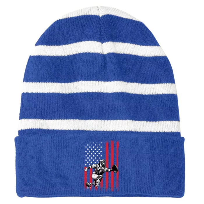 Baseball Catcher American Flag Usa Patriotic 4th Of July Gift Striped Beanie with Solid Band