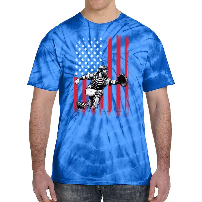 Baseball Catcher American Flag Usa Patriotic 4th Of July Gift Tie-Dye T-Shirt