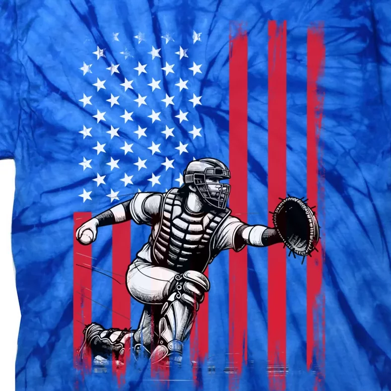 Baseball Catcher American Flag Usa Patriotic 4th Of July Gift Tie-Dye T-Shirt