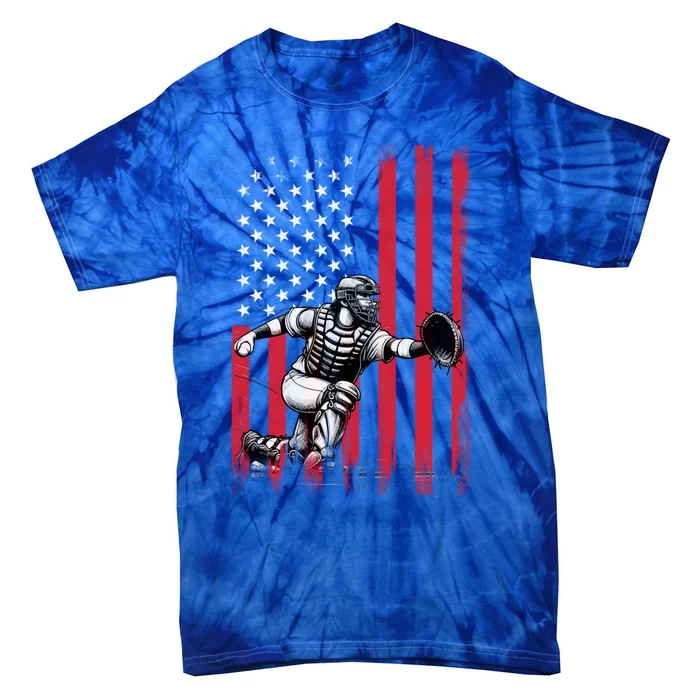 Baseball Catcher American Flag Usa Patriotic 4th Of July Gift Tie-Dye T-Shirt