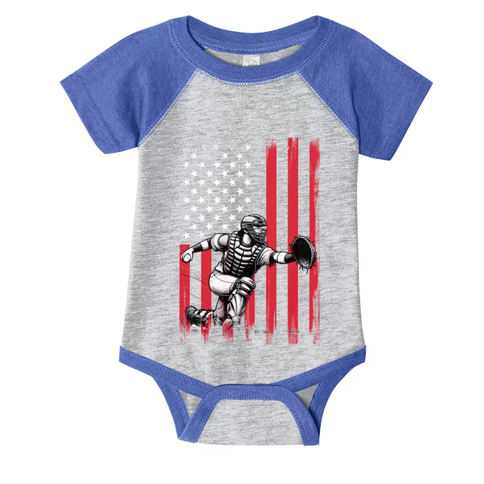 Baseball Catcher American Flag Usa Patriotic 4th Of July Gift Infant Baby Jersey Bodysuit