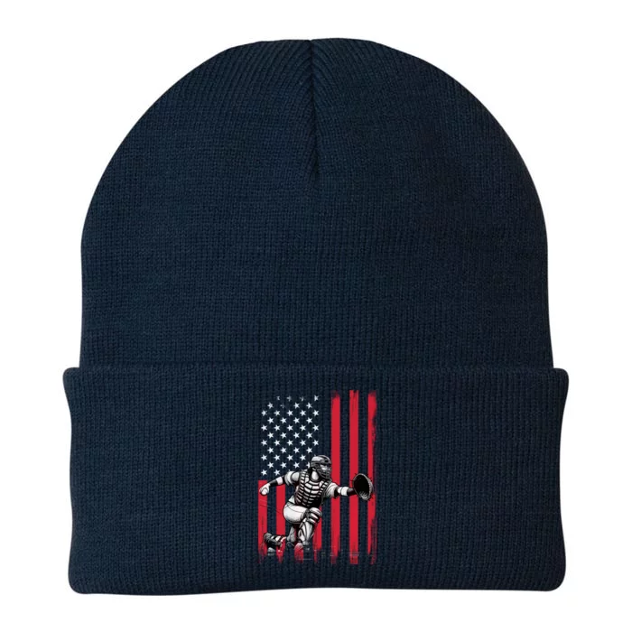 Baseball Catcher American Flag Usa Patriotic 4th Of July Gift Knit Cap Winter Beanie