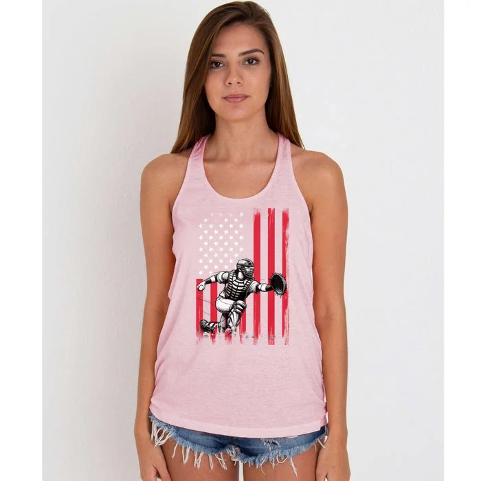 Baseball Catcher American Flag Usa Patriotic 4th Of July Gift Women's Knotted Racerback Tank