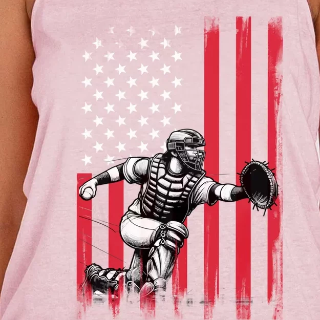 Baseball Catcher American Flag Usa Patriotic 4th Of July Gift Women's Knotted Racerback Tank