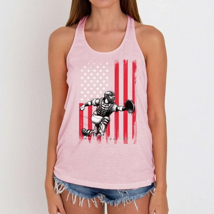 Baseball Catcher American Flag Usa Patriotic 4th Of July Gift Women's Knotted Racerback Tank