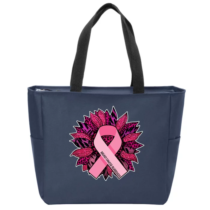 Breast Cancer Awareness Flower Ribbon Zip Tote Bag