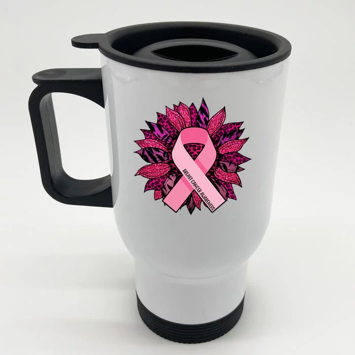 Breast Cancer Awareness Flower Ribbon Front & Back Stainless Steel Travel Mug