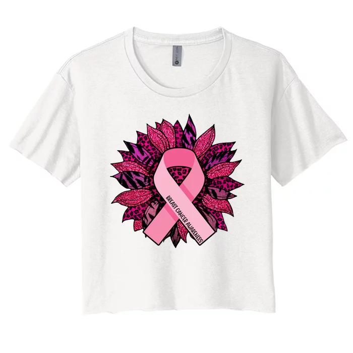 Breast Cancer Awareness Flower Ribbon Women's Crop Top Tee