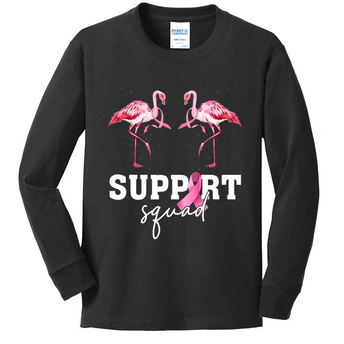 Breast Cancer Awareness Flamingo Support Squad Kids Long Sleeve Shirt