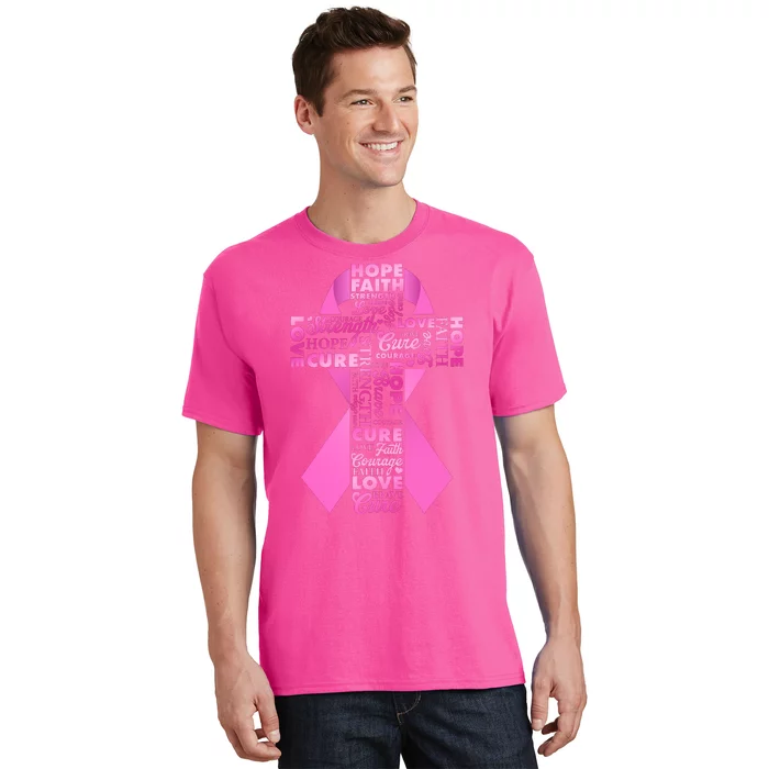 Breast Cancer Awareness Word Text Art Ribbon Cross T-Shirt