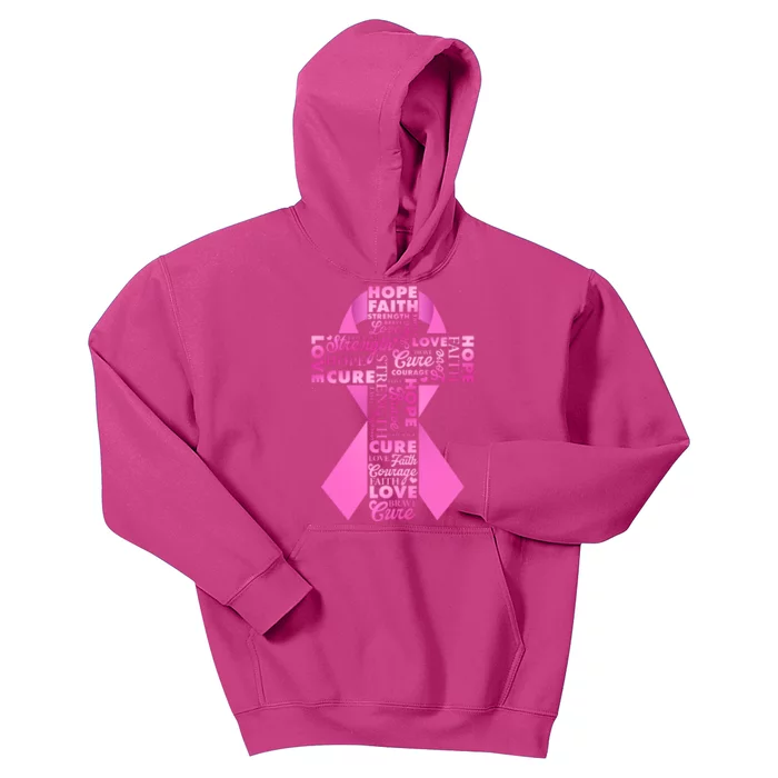 Breast Cancer Awareness Word Text Art Ribbon Cross Kids Hoodie