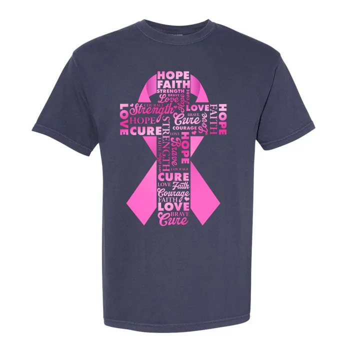 Breast Cancer Awareness Word Text Art Ribbon Cross Garment-Dyed Heavyweight T-Shirt