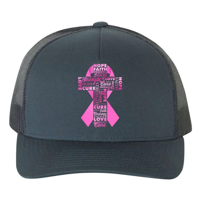 Breast Cancer Awareness Word Text Art Ribbon Cross Yupoong Adult 5-Panel Trucker Hat