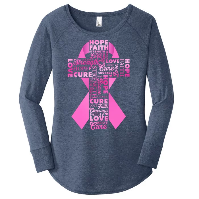 Breast Cancer Awareness Word Text Art Ribbon Cross Women's Perfect Tri Tunic Long Sleeve Shirt