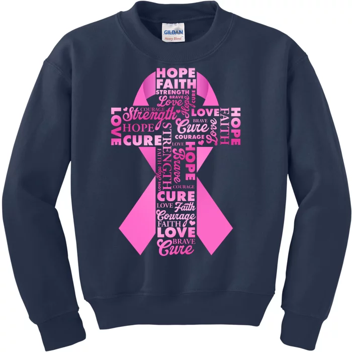 Breast Cancer Awareness Word Text Art Ribbon Cross Kids Sweatshirt