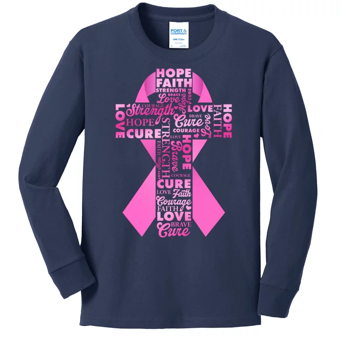 Breast Cancer Awareness Word Text Art Ribbon Cross Kids Long Sleeve Shirt