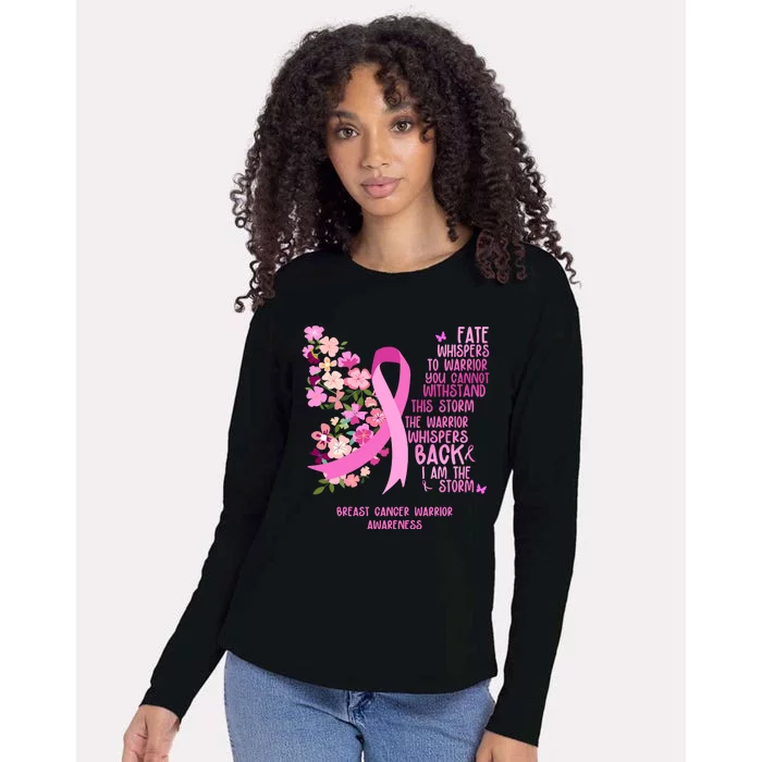 Breast Cancer Awareness Floral Ribbon Butterfly Womens Cotton Relaxed Long Sleeve T-Shirt