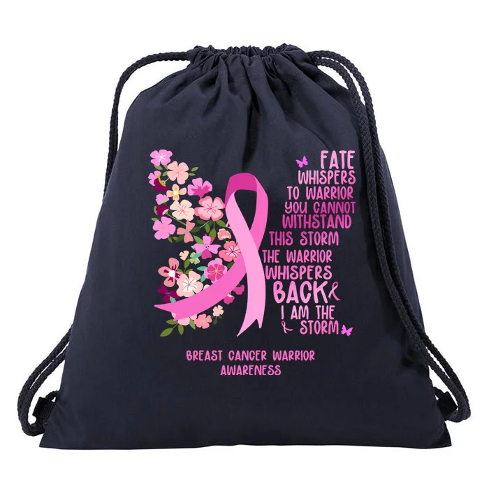 Breast Cancer Awareness Floral Ribbon Butterfly Drawstring Bag