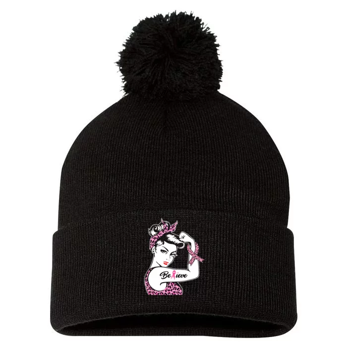 Breast Cancer Awareness Warrior Support Believe Pom Pom 12in Knit Beanie