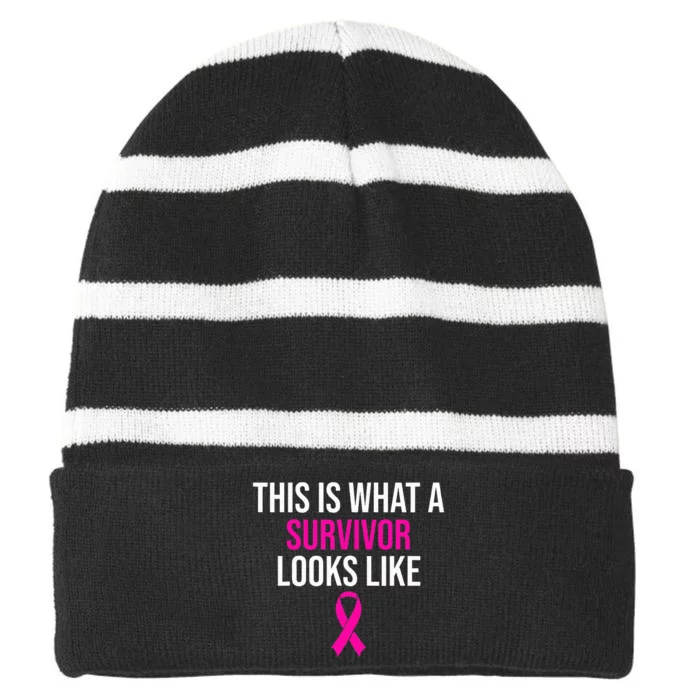 Breast Cancer Awareness Survivor Pink Ribbon Striped Beanie with Solid Band