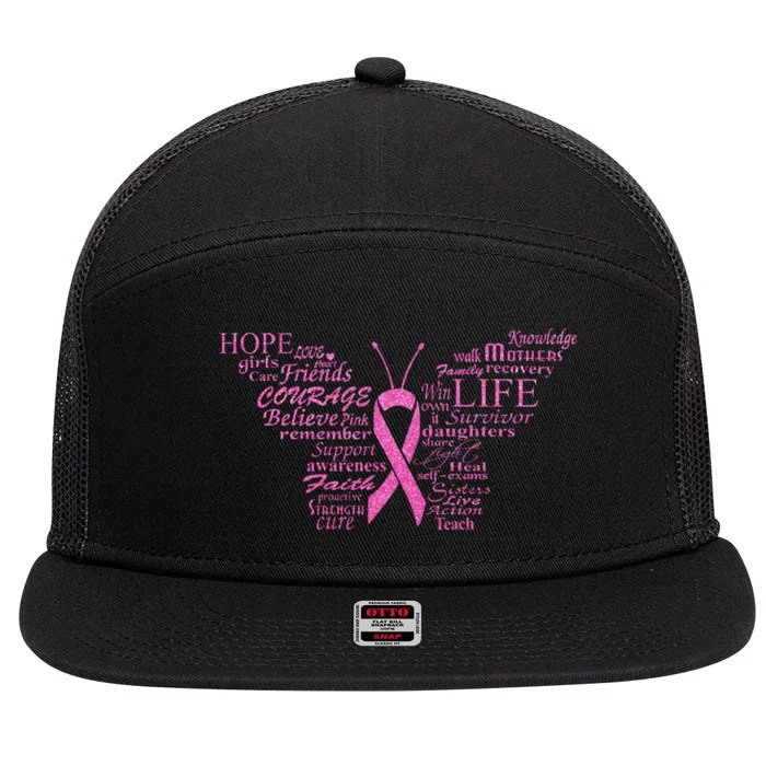 Breast Cancer Awareness Butterfly Ribbon Quotes 7 Panel Mesh Trucker Snapback Hat